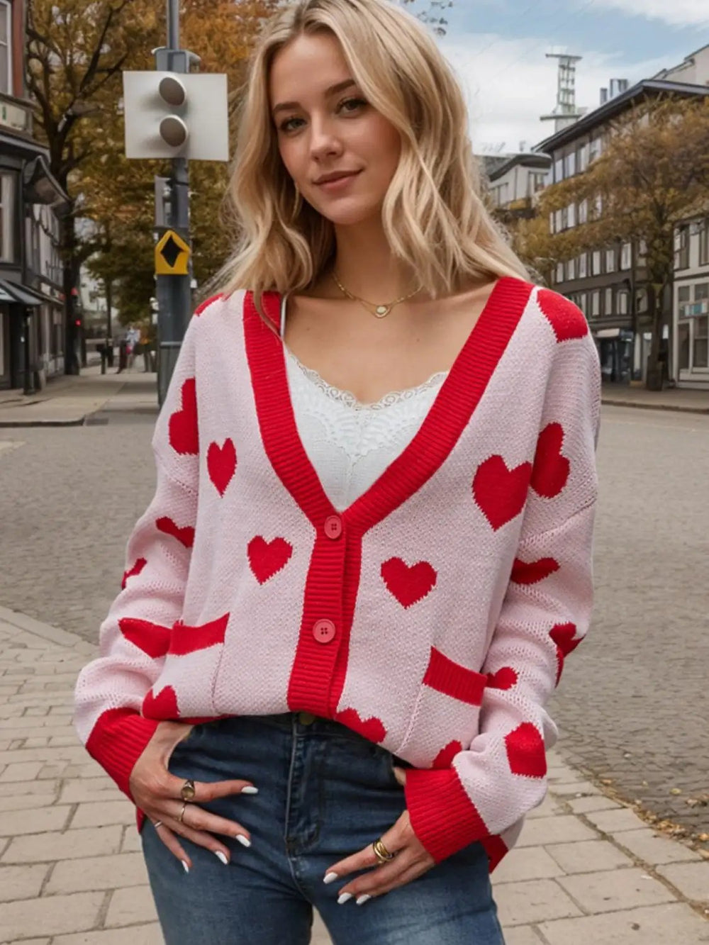 Heart Button Up Dropped Shoulder Long Sleeve Cardigan - Trendsi