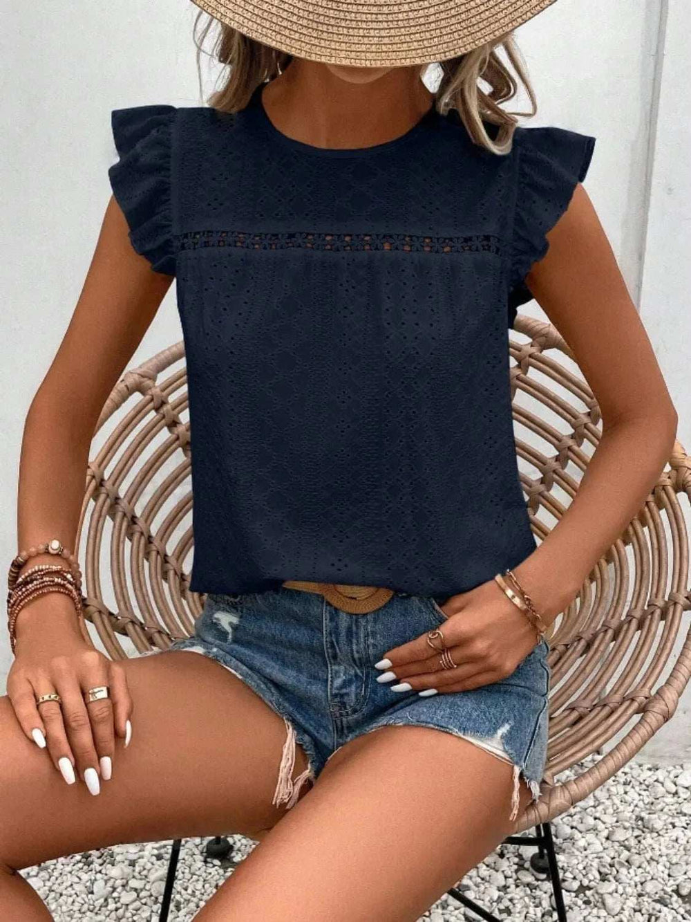 Eyelet Round Neck Cap Sleeve Top - Trendsi - Flyclothing LLC