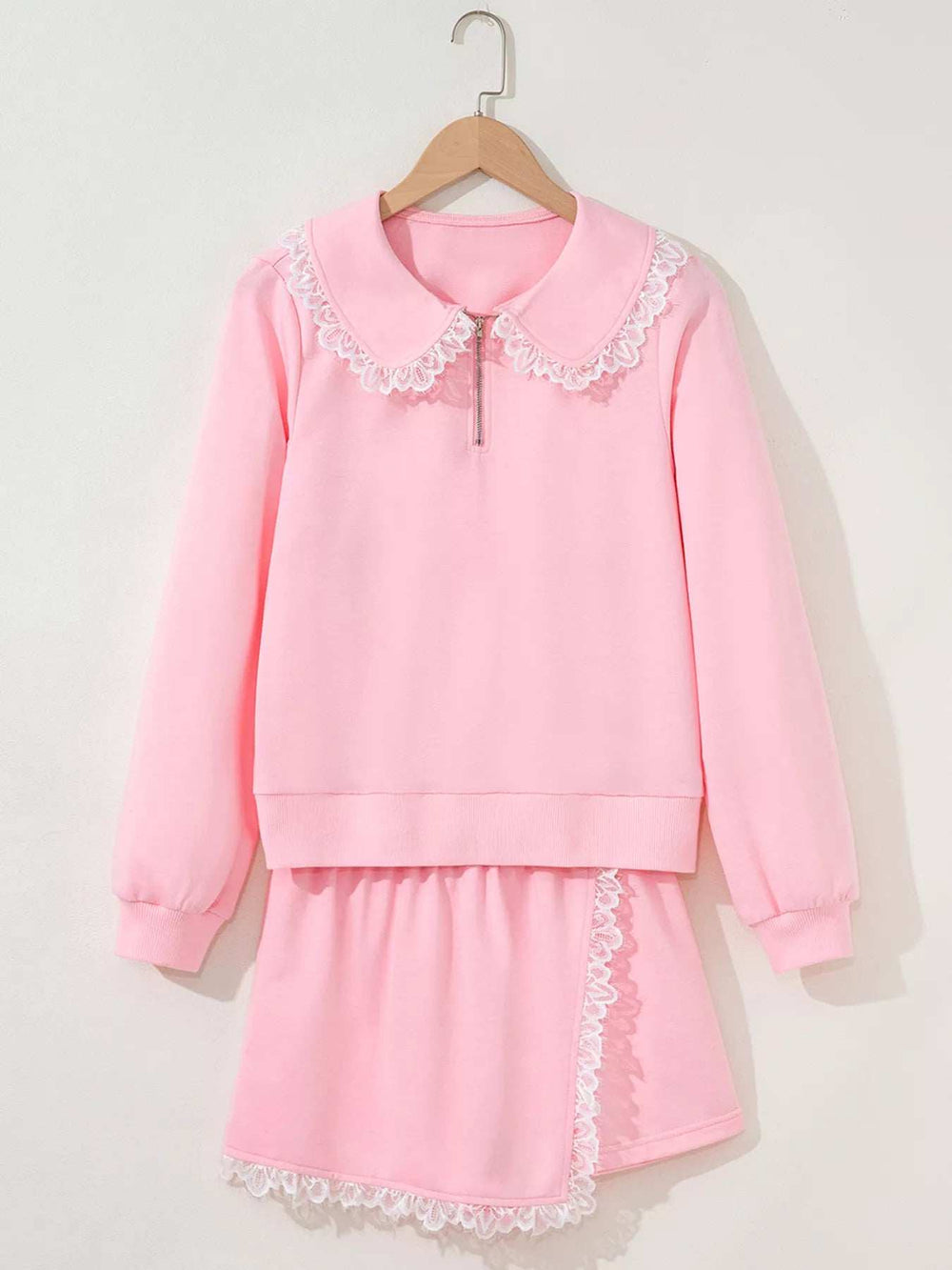 Peter Pan Lace Embellished Neck Sweatshirt and Skirt Two Piece Set - Trendsi - Flyclothing LLC