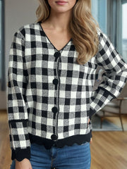 Plaid V-Neck Button Up Cardigan - Trendsi