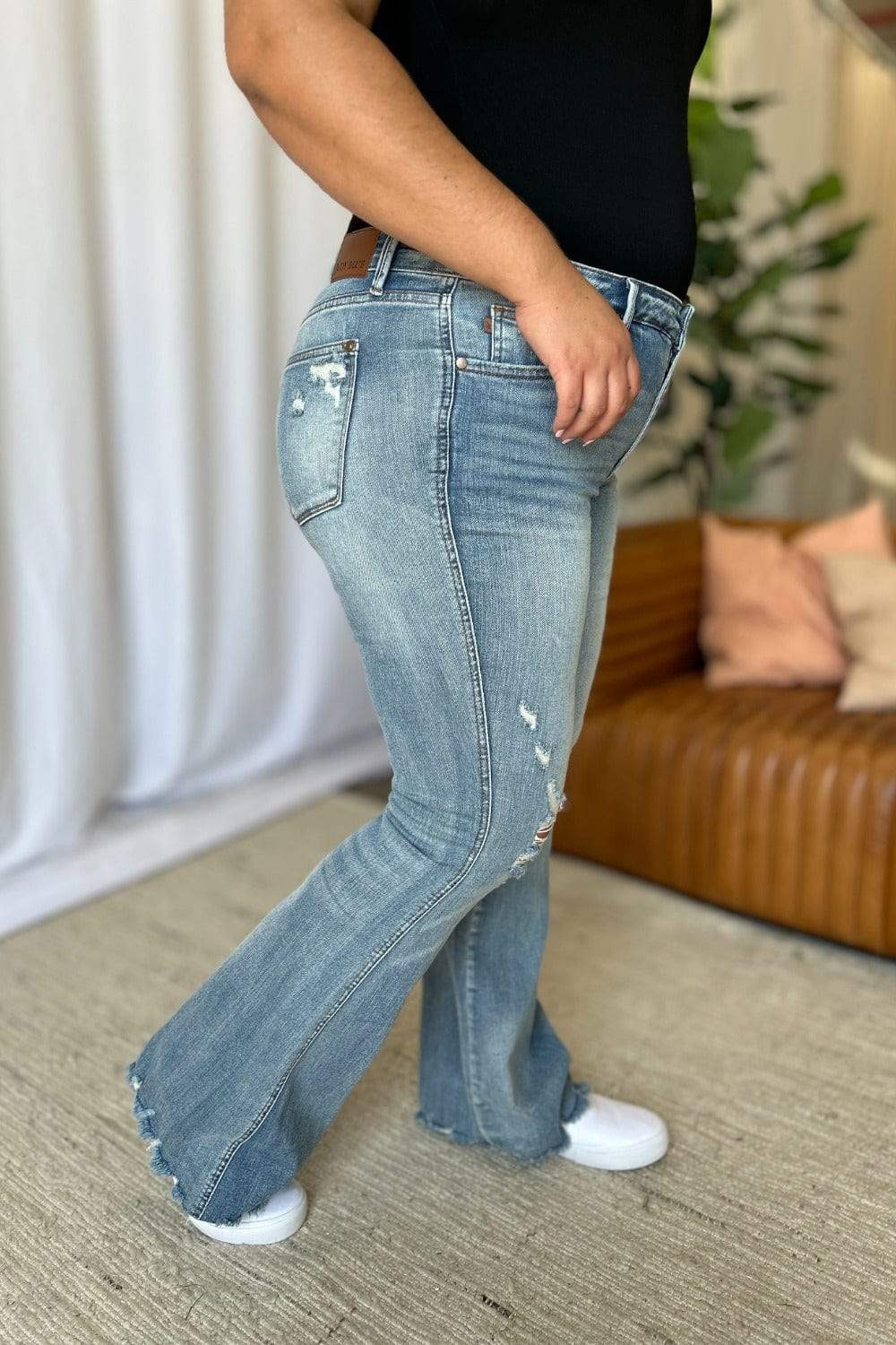 Judy Blue Full Size Medium Rise Tummy Control Destroy Flare - Trendsi - Flyclothing LLC