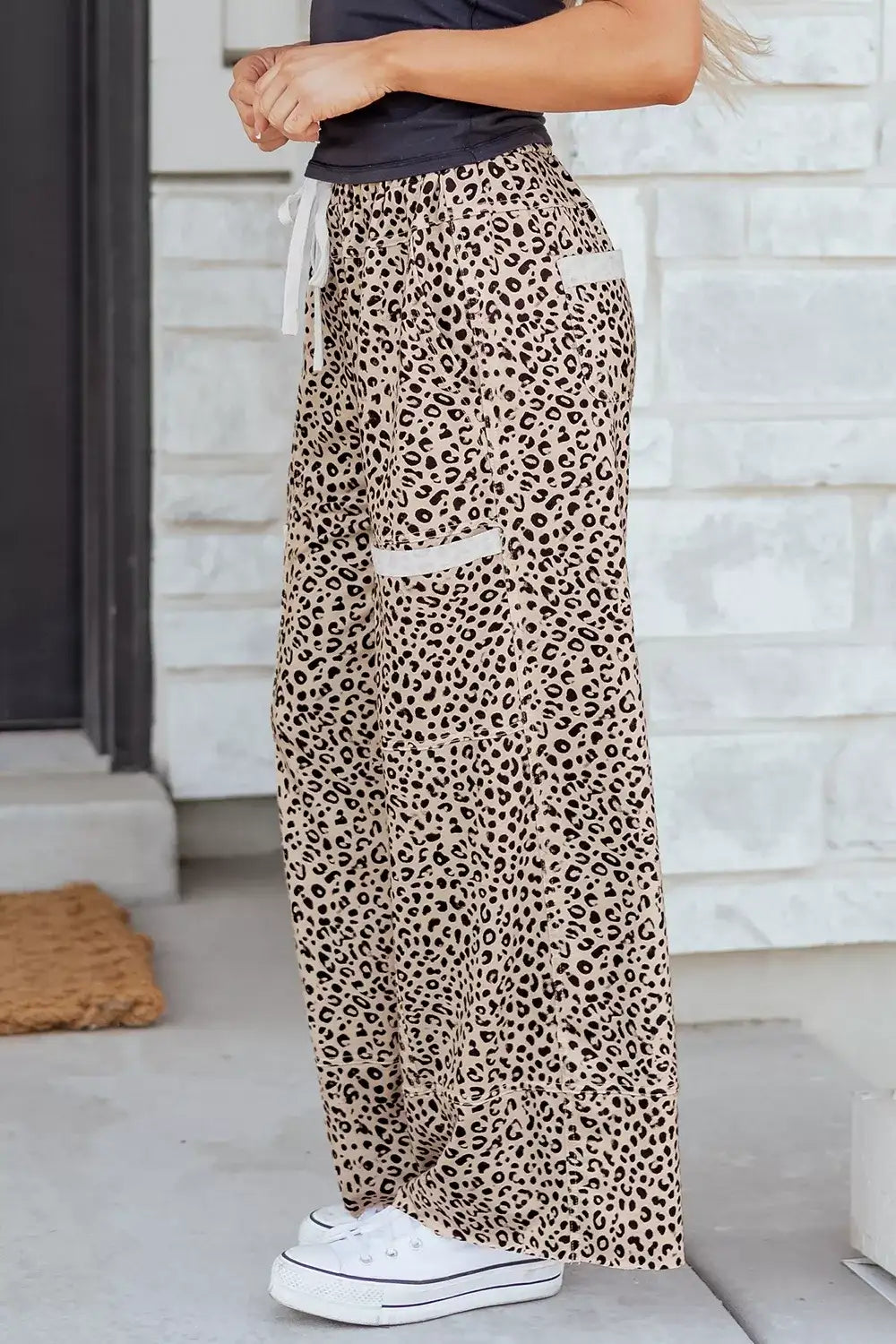 Leopard Print Wide-Leg Pants with Drawstring - Trendsi - Flyclothing LLC