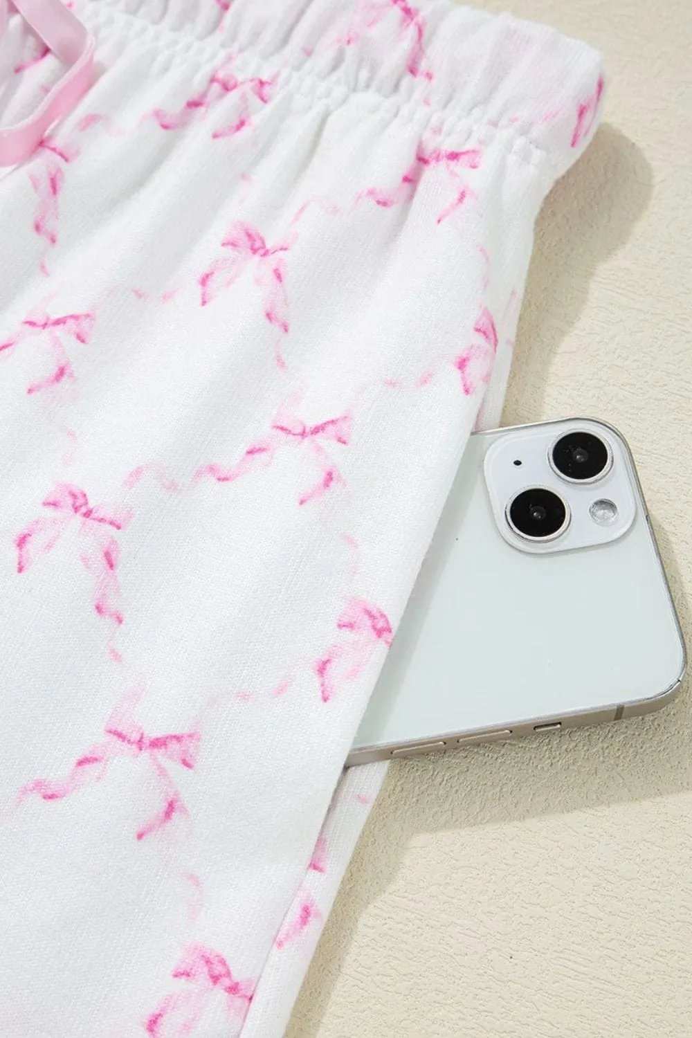 Bow Print Lettuce Trim Round Neck Top and Shorts Lounge Set - Trendsi - Flyclothing LLC