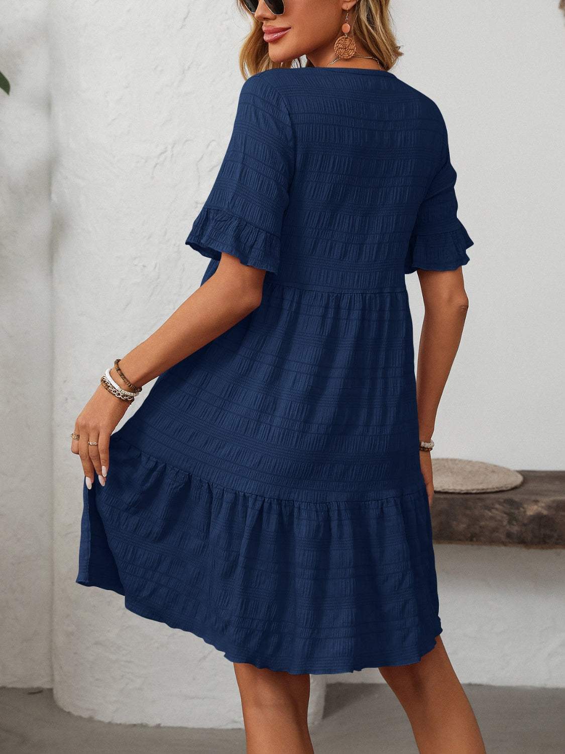 Mandy Ruffled Ruched Round Neck Half Sleeve Dress - Trendsi - Flyclothing LLC