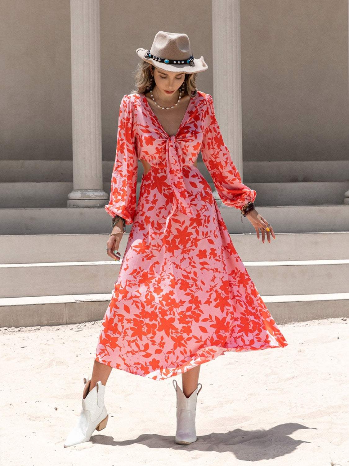 Tied Cutout Printed Long Sleeve Midi Dress - Trendsi - Flyclothing LLC