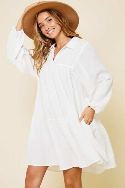 Ces Femme Johnny Collar Balloon Sleeve Mini Dress - Trendsi - Flyclothing LLC