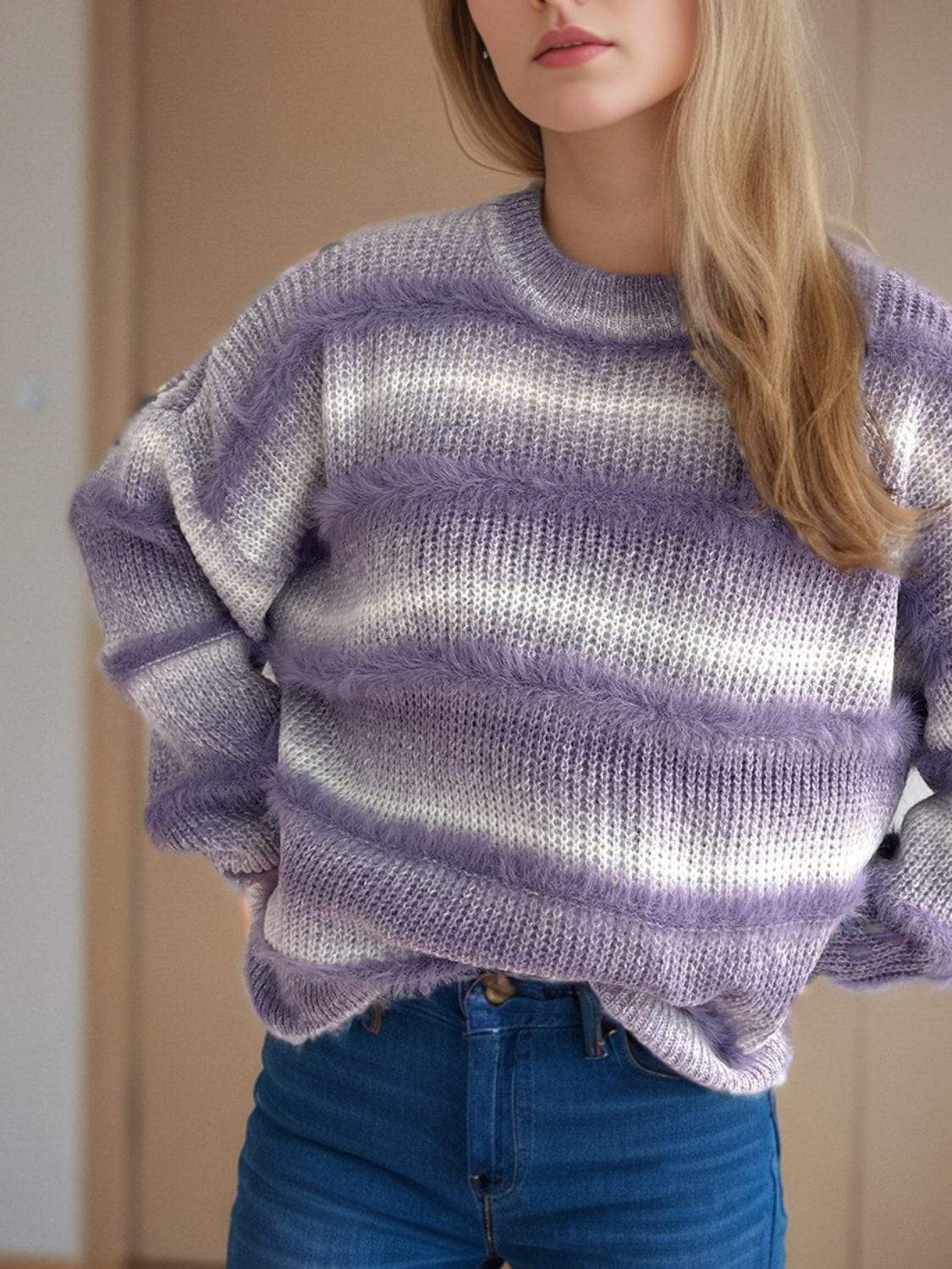 Gradient Round Neck Dropped Shoulder Sweater - Trendsi - Flyclothing LLC