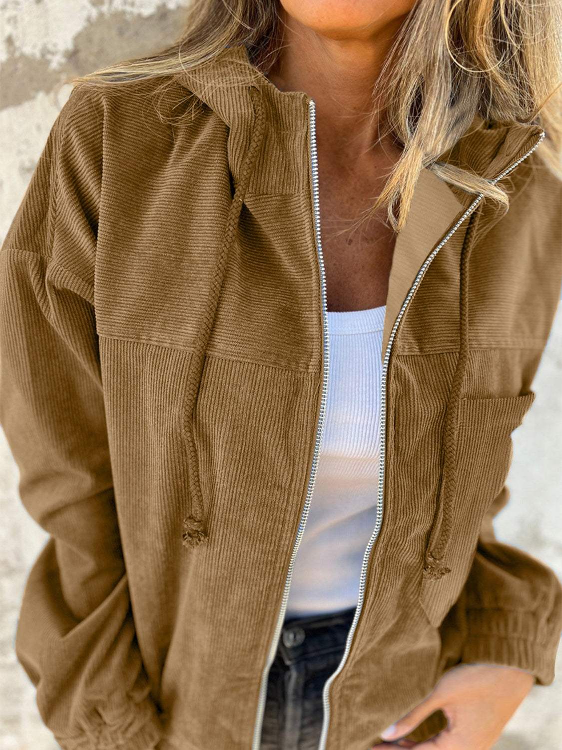 Drawstring Zip Up Long Sleeve Hooded Jacket - Trendsi - Flyclothing LLC