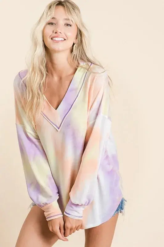 BiBi Tie Dye French Terry V-Neck Top with Puff Sleeves - Trendsi - Flyclothing LLC