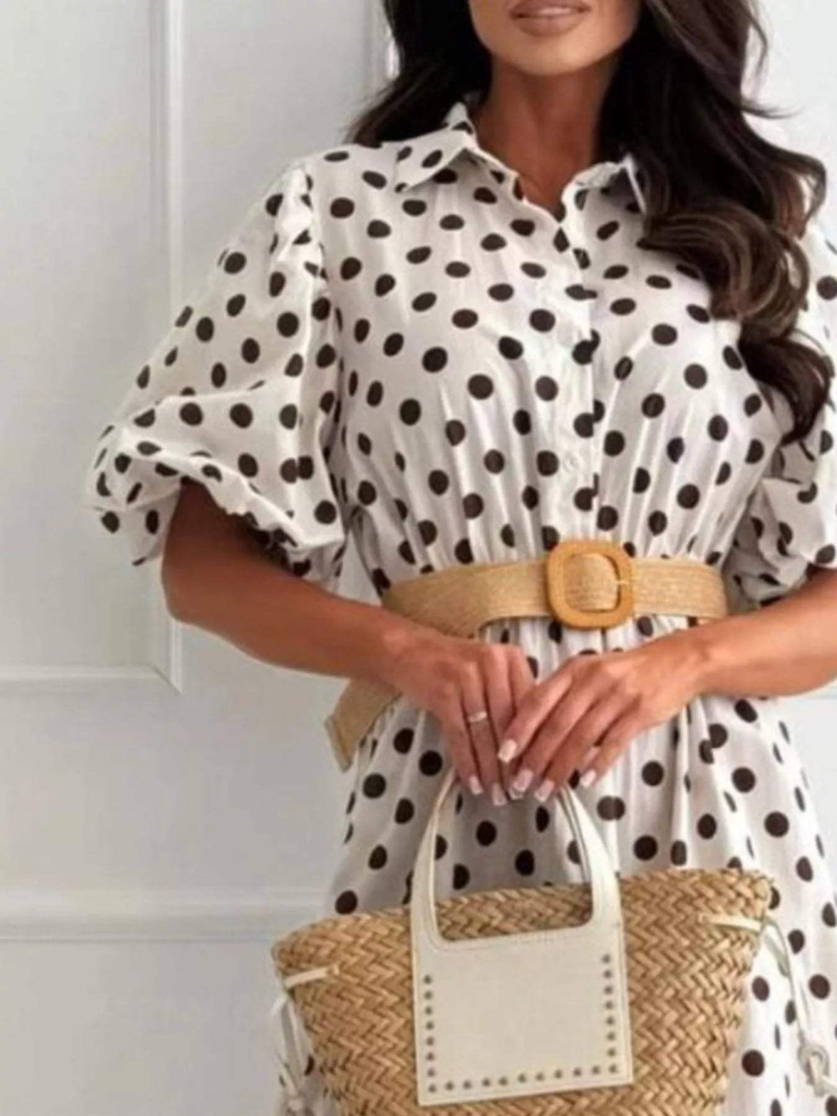 Polka Dot Puff Sleeve Midi Dress - Trendsi - Flyclothing LLC