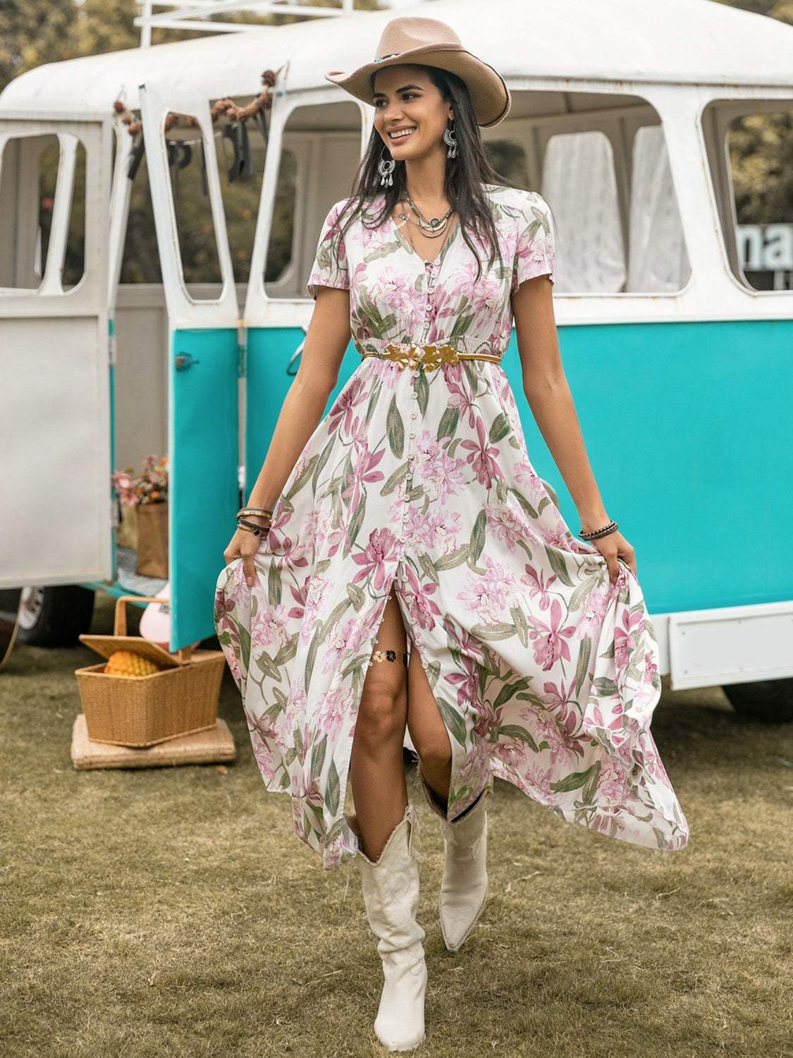 Floral V-Neck Slit Dress - Trendsi - Flyclothing LLC