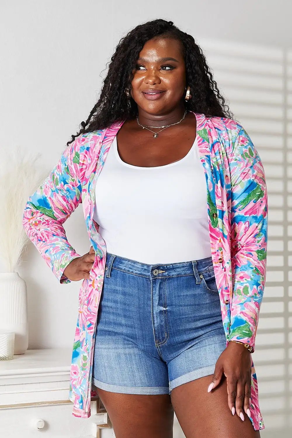 Double Take Floral Open Front Long Sleeve Cardigan - Trendsi