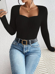 Honey Ribbed Long Sleeve T-Shirt - Trendsi