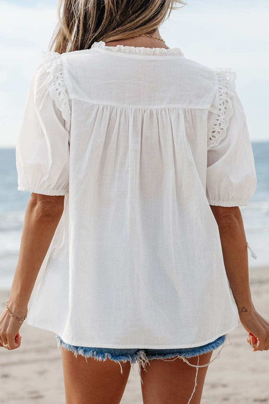 Lace Patchwork Tie Neck Short Sleeve Blouse - Trendsi - Flyclothing LLC