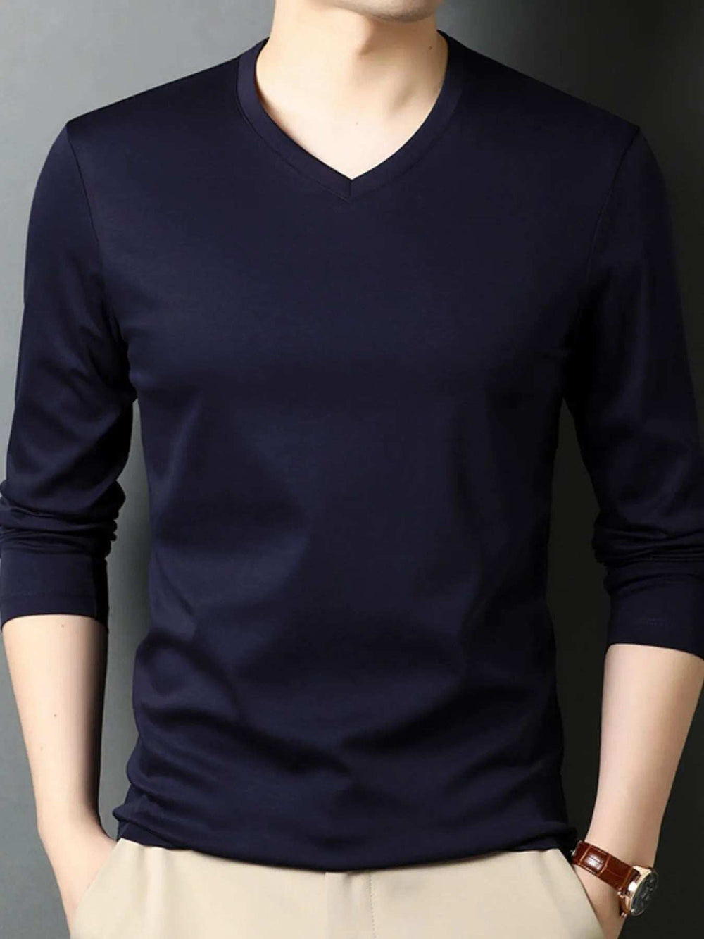Men's V-Neck Long Sleeve T-Shirt - Trendsi - Flyclothing LLC