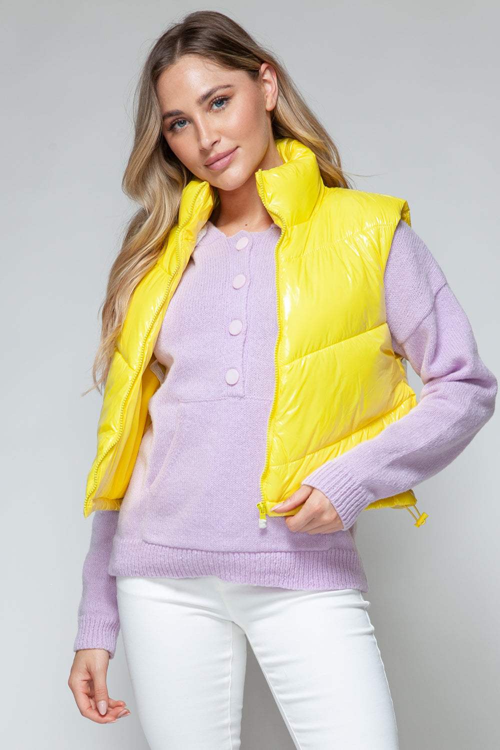 Snobbish Zip Up Turtleneck Shiny Quilted Vest - Trendsi - Flyclothing LLC