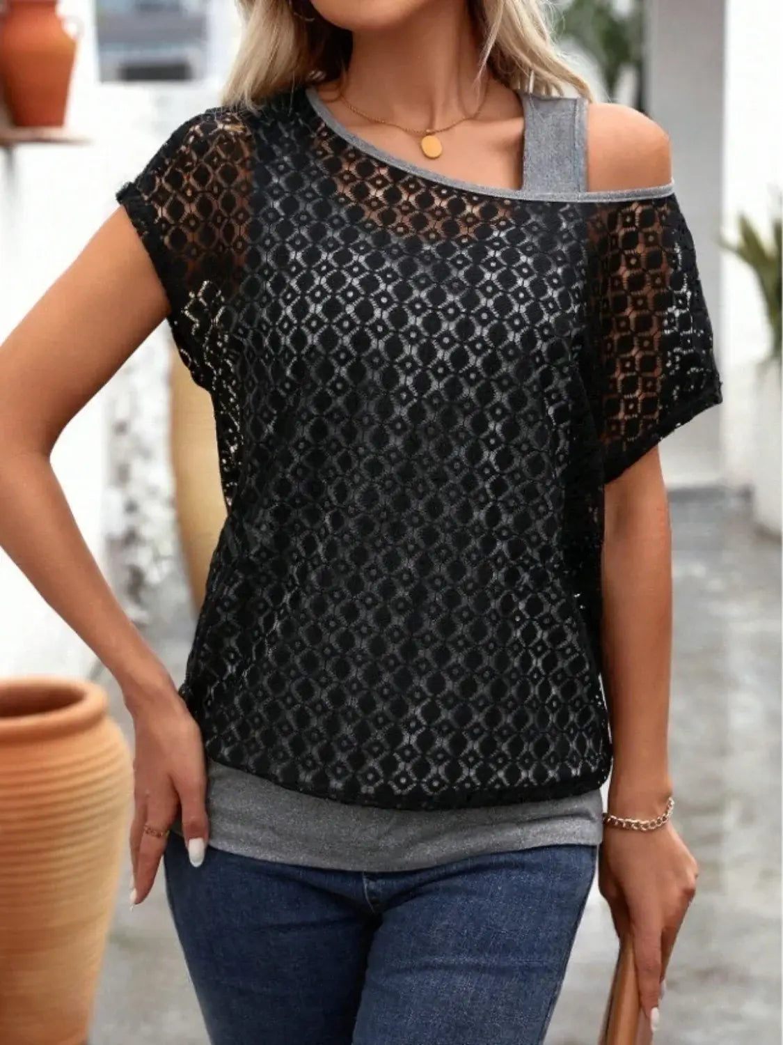 Lace Short Sleeve Fake Two Piece T-Shirt - Trendsi - Flyclothing LLC