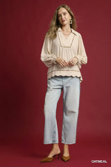 Umgee Full Size Linen Scallop Hem Blouse with Contrast Trim Plus Size - Trendsi - Flyclothing LLC