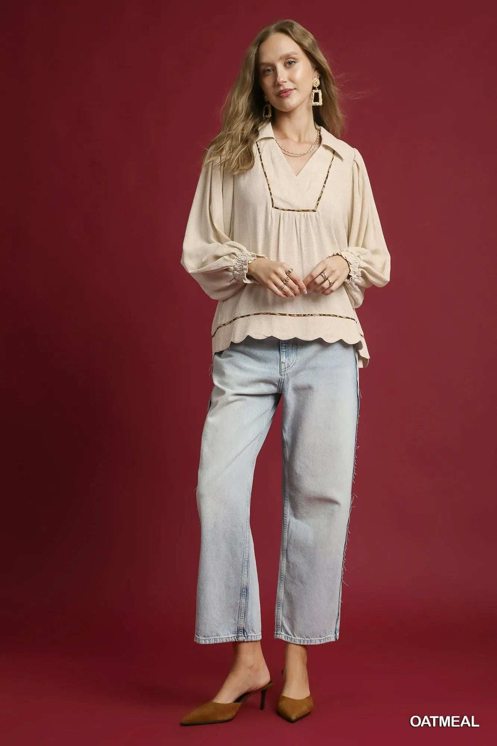 Umgee Full Size Linen Scallop Hem Blouse with Contrast Trim Plus Size - Trendsi - Flyclothing LLC