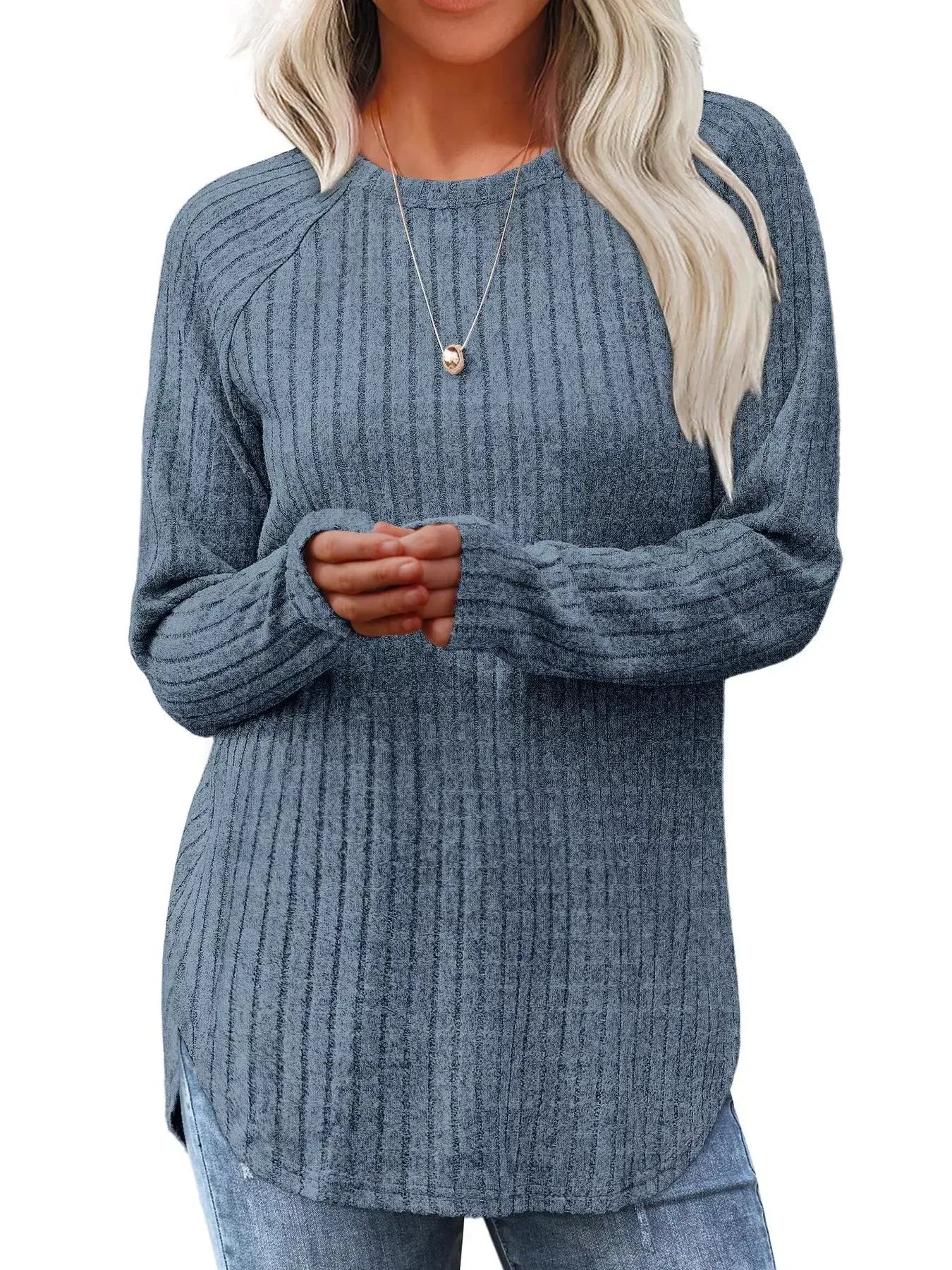 Ribbed Knit Long Sleeve T-Shirt - Trendsi - Flyclothing LLC