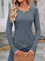 Decorative Button Round Neck Long Sleeve T-Shirt - Trendsi - Flyclothing LLC