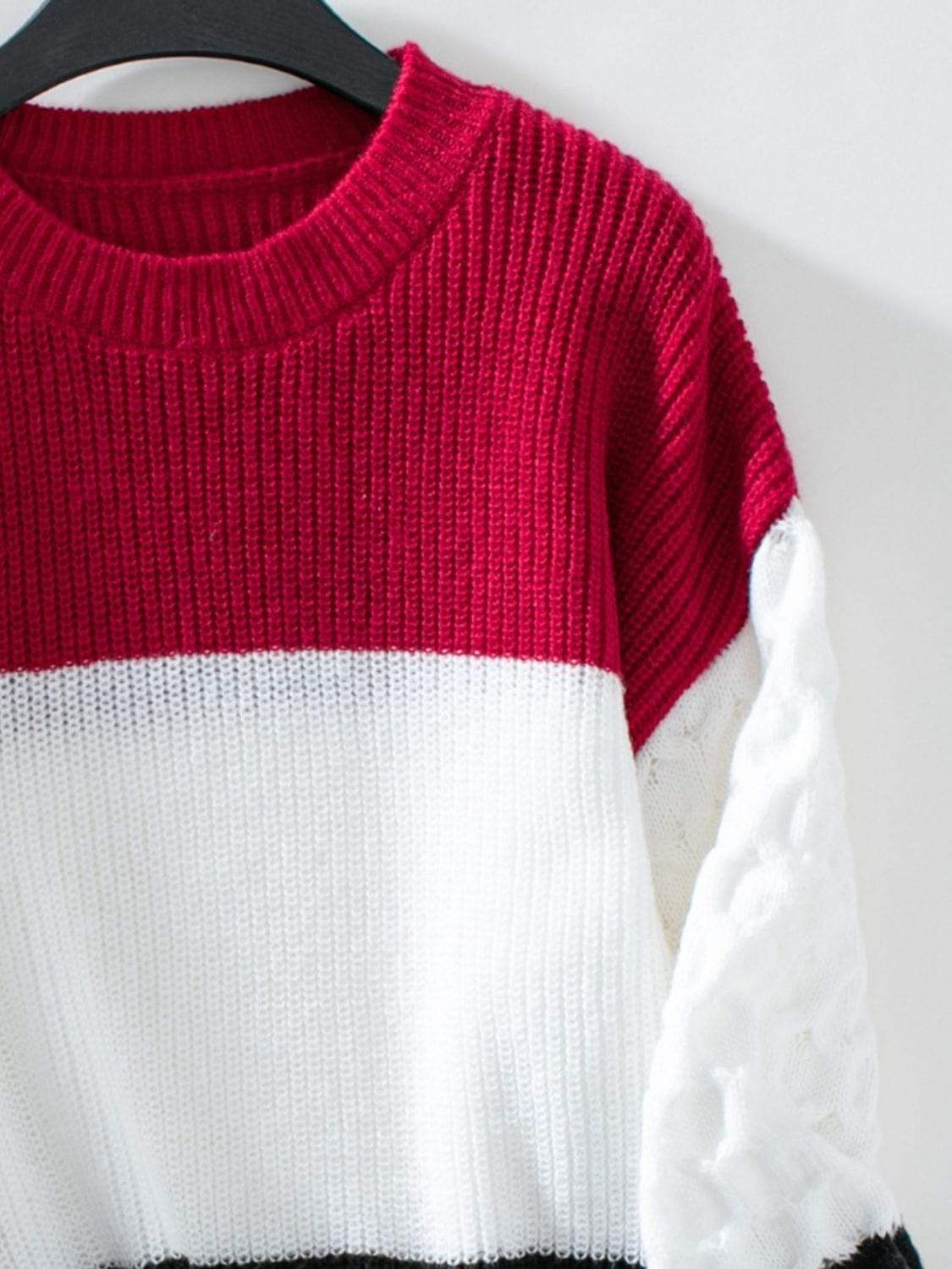 Color Block Round Neck Long Sleeve Sweater - Trendsi - Flyclothing LLC
