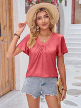 Double Take Ruched V-Neck Short Sleeve T-Shirt - Trendsi - Flyclothing LLC