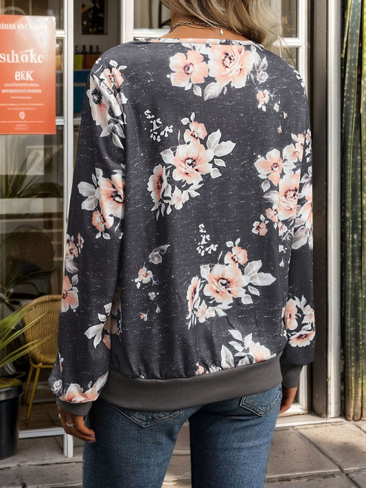 Printed V-Neck Long Sleeve Sweatshirt - Trendsi