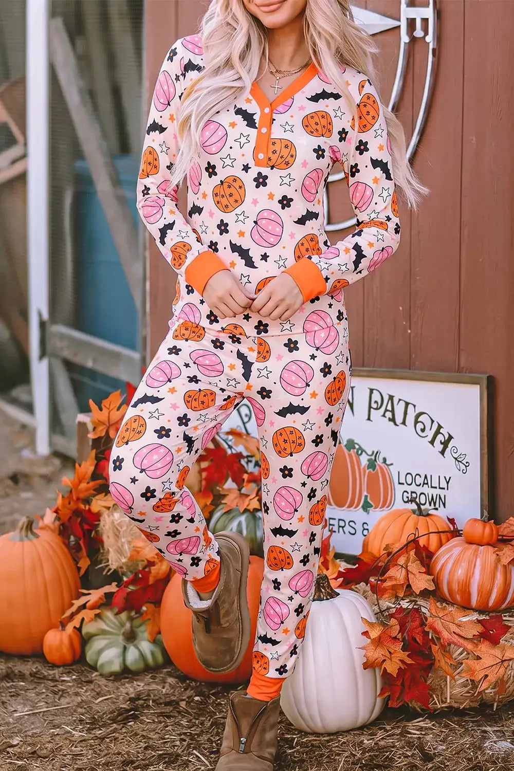 Halloween Pumpkin Print Long Sleeve Home Wear Lounge Set - Trendsi - Flyclothing LLC