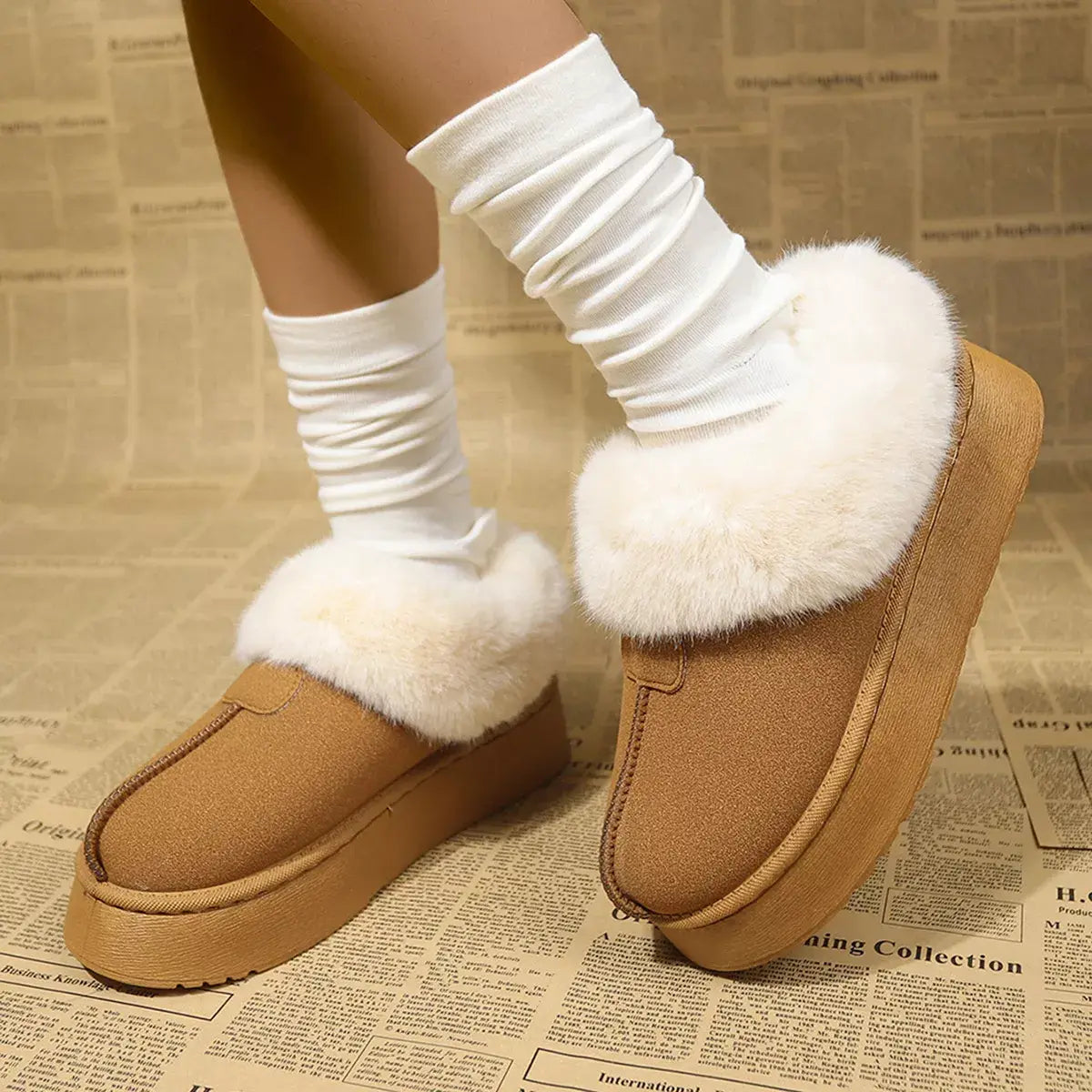 Fuzzy Trim Platform Boots - Trendsi - Flyclothing LLC