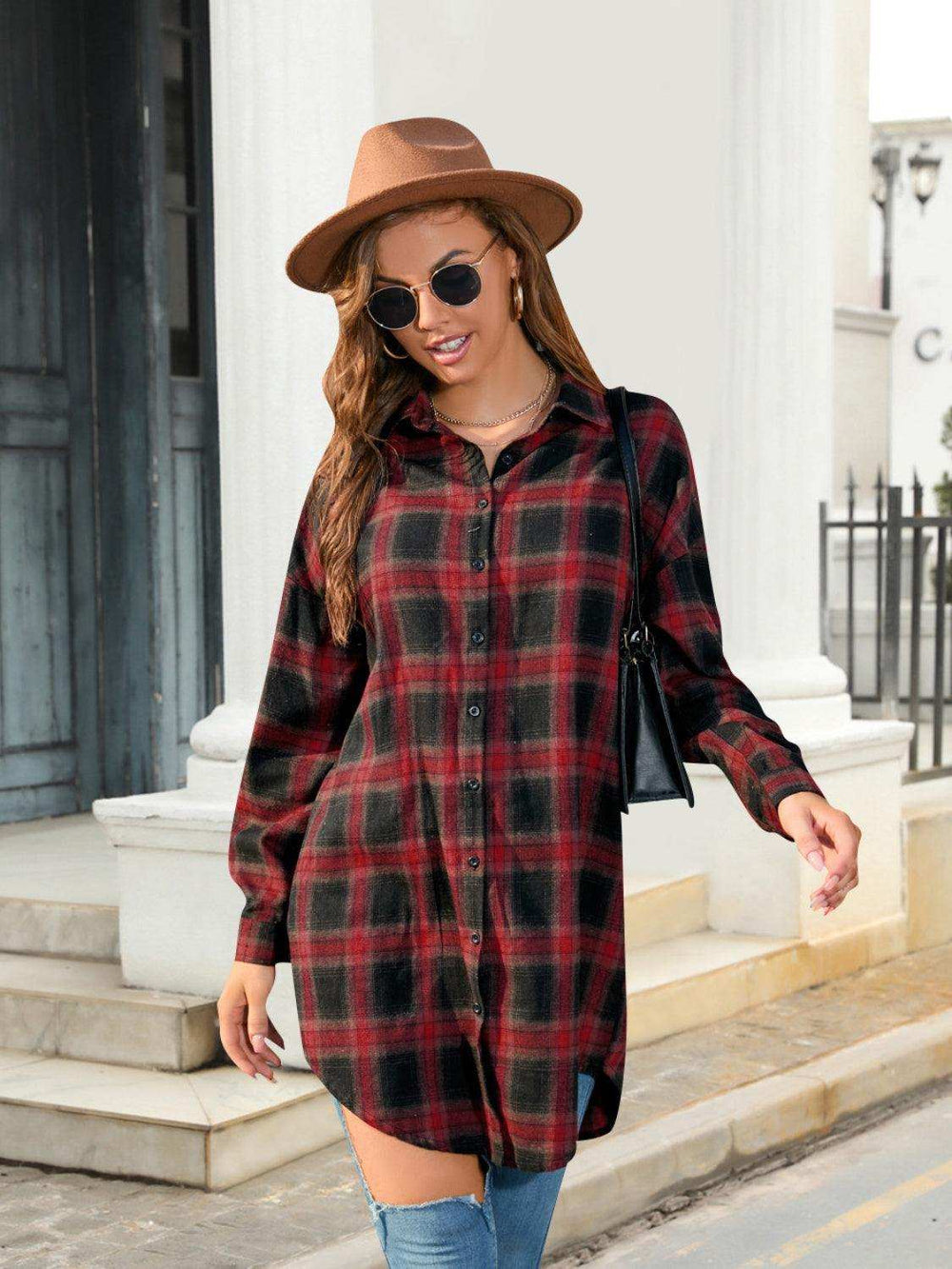 Plaid Button Up Dropped Shoulder Shirt - Trendsi - Flyclothing LLC