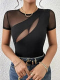 Mesh Patchwork Round Neck Short Sleeve Top - Trendsi