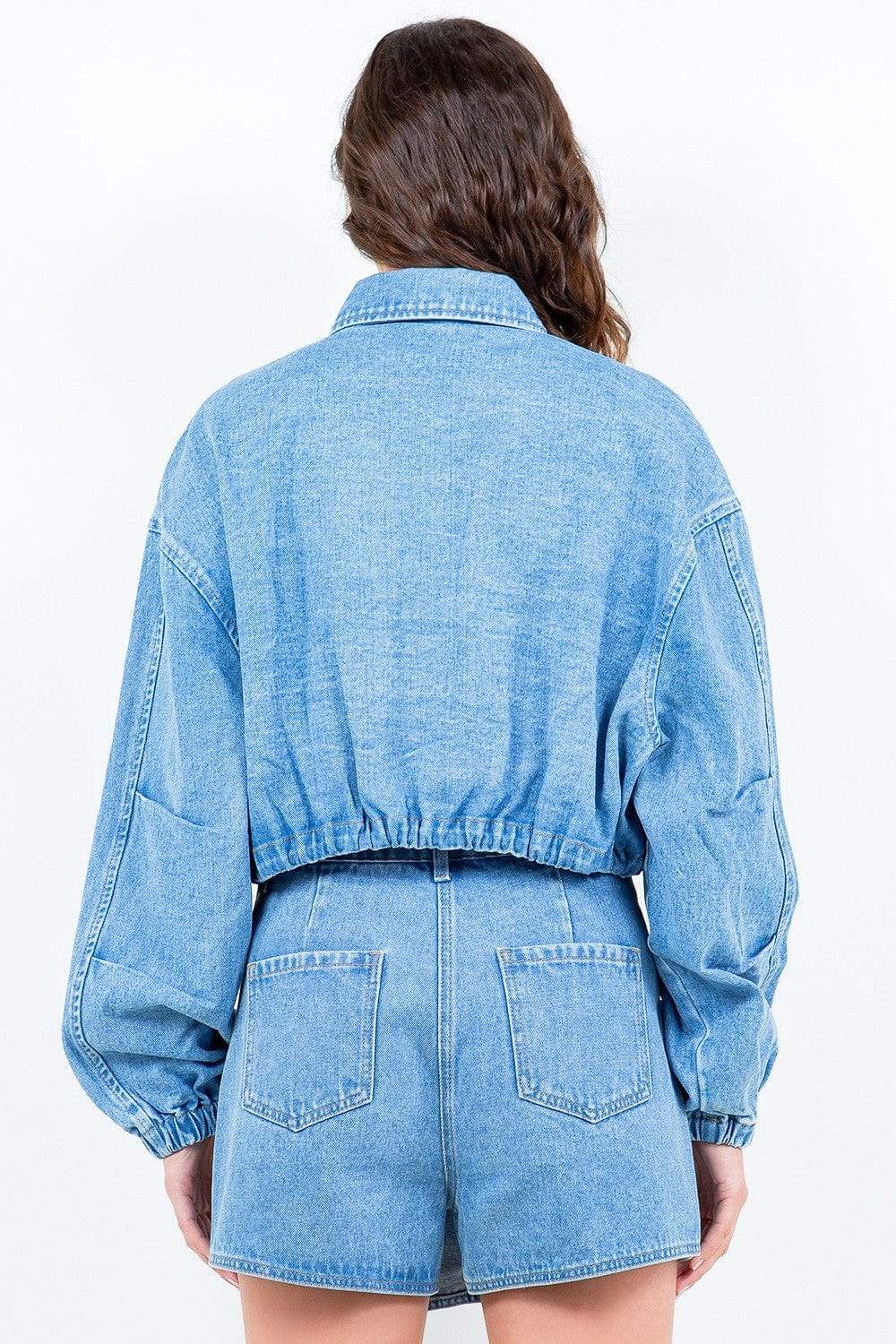 American Bazi Drawstring Waist Crop Denim Jacket - Trendsi - Flyclothing LLC