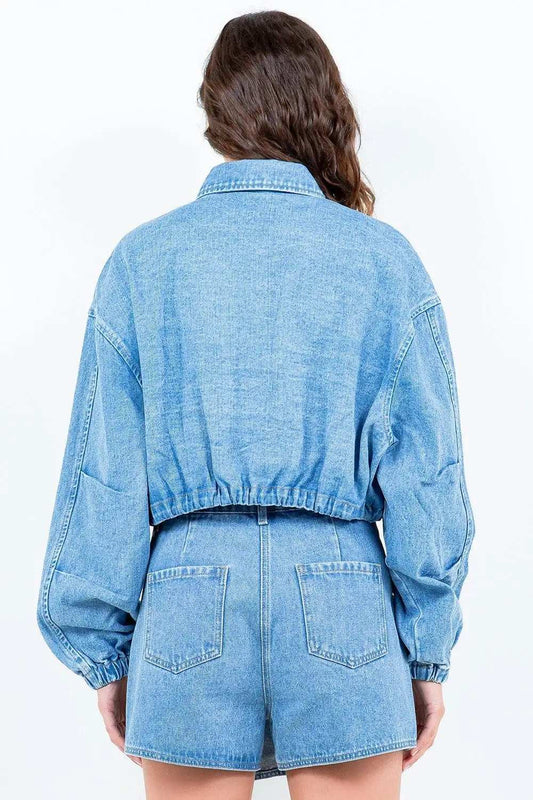 American Bazi Drawstring Waist Crop Denim Jacket - Trendsi - Flyclothing LLC