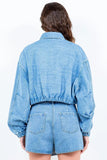American Bazi Drawstring Waist Crop Denim Jacket - Trendsi