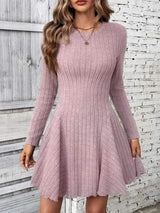 Ribbed Round Neck Long Sleeve Mini Dress - Trendsi - Flyclothing LLC