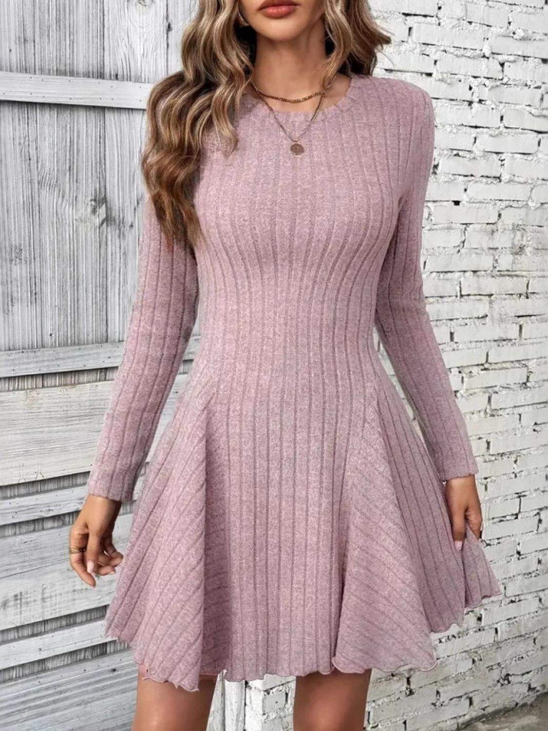 Ribbed Round Neck Long Sleeve Mini Dress - Trendsi - Flyclothing LLC