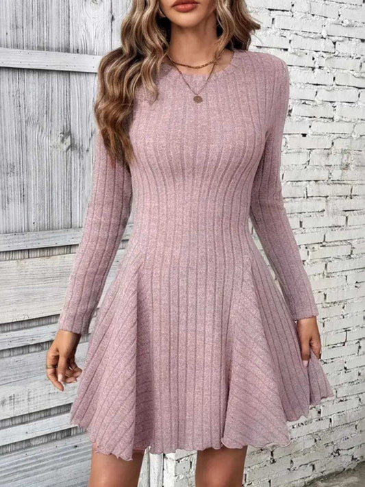 Ribbed Round Neck Long Sleeve Mini Dress - Trendsi - Flyclothing LLC