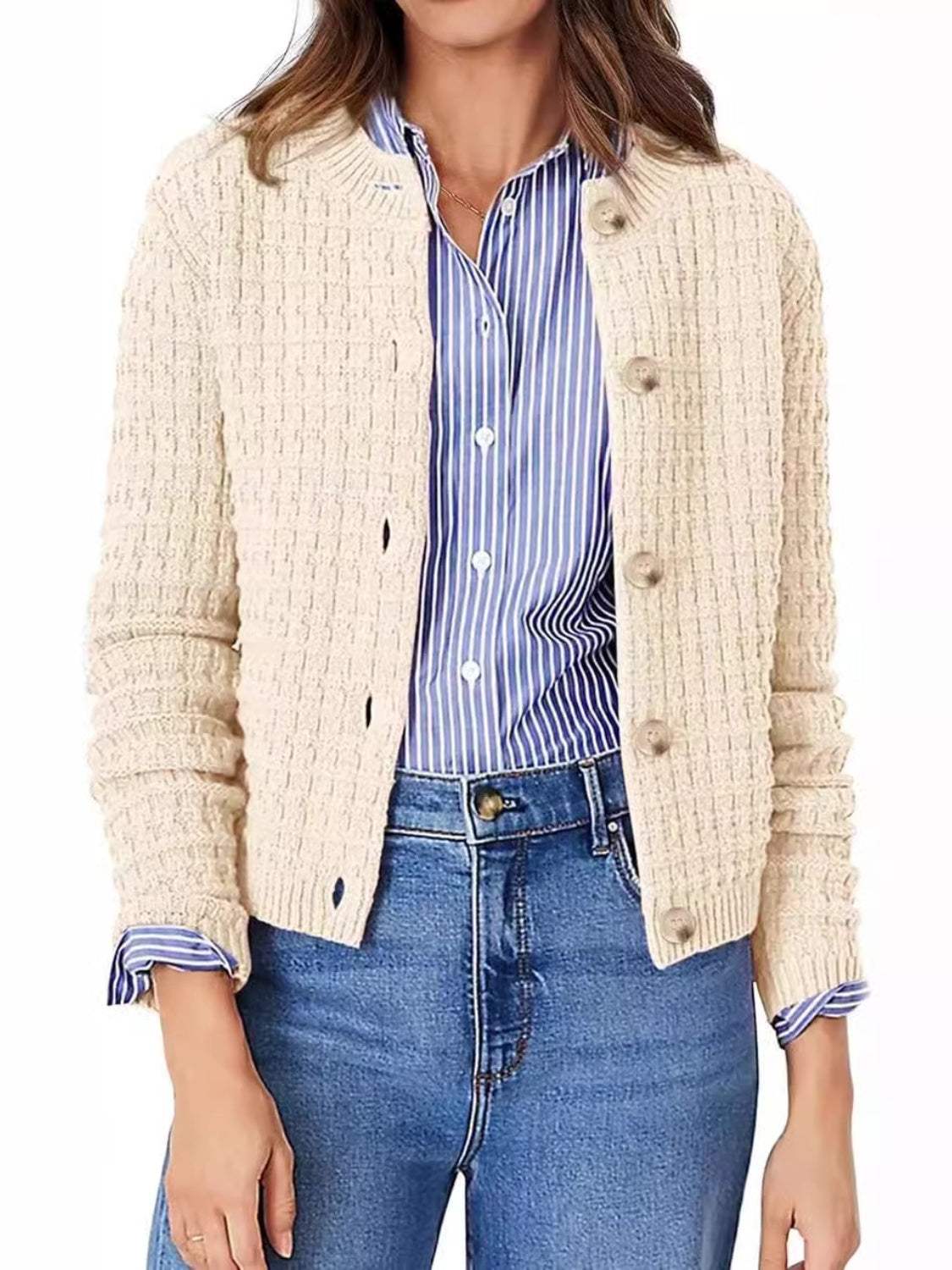 Button Up Round Neck Long Sleeve Cardigan - Trendsi - Flyclothing LLC