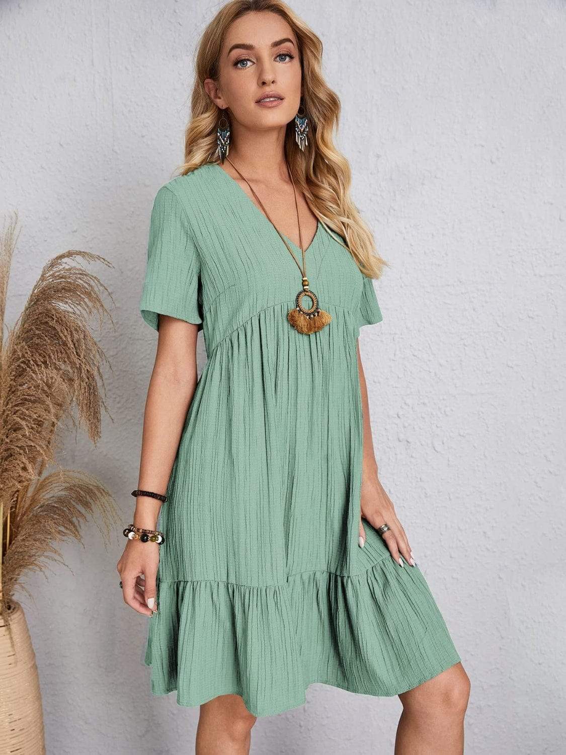 Full Size V-Neck Short Sleeve Dress - Trendsi - Flyclothing LLC