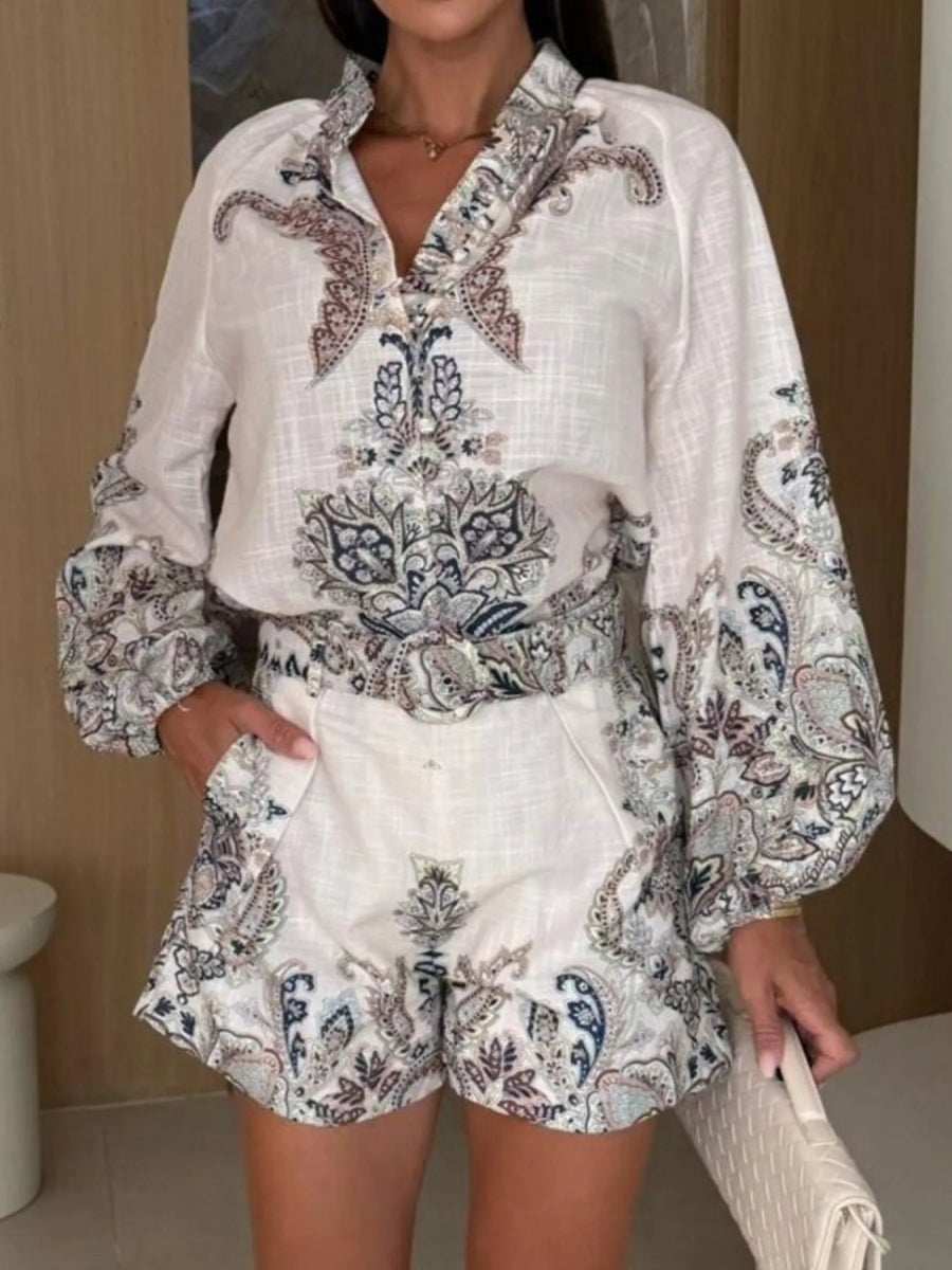 Printed Long Sleeve Shirt and Shorts Set - Trendsi - Flyclothing LLC
