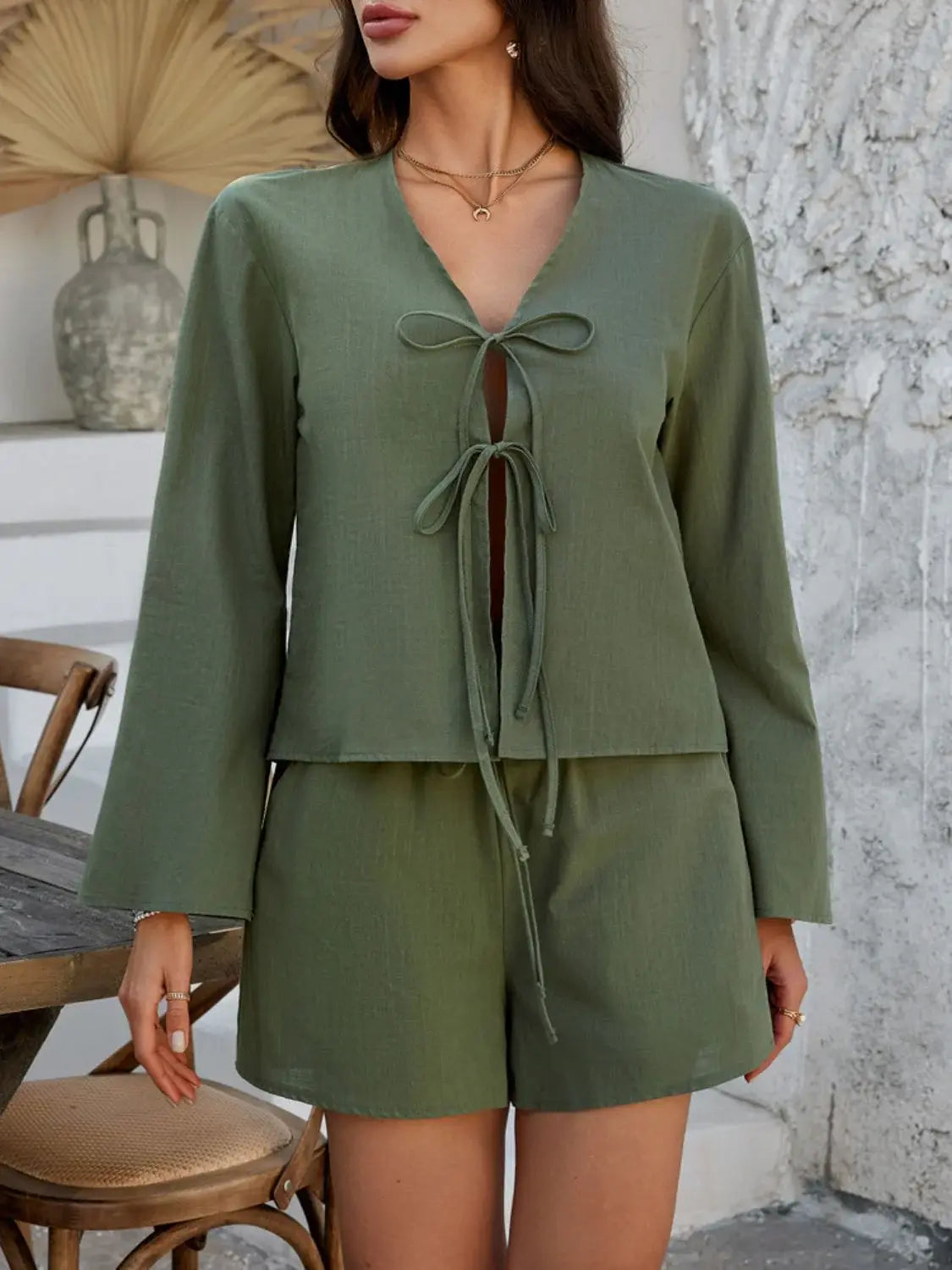 Devine Double Tied V-Neck Top and Shorts Set - Trendsi - Flyclothing LLC
