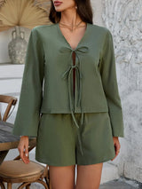 Devine Double Tied V-Neck Top and Shorts Set - Trendsi - Flyclothing LLC