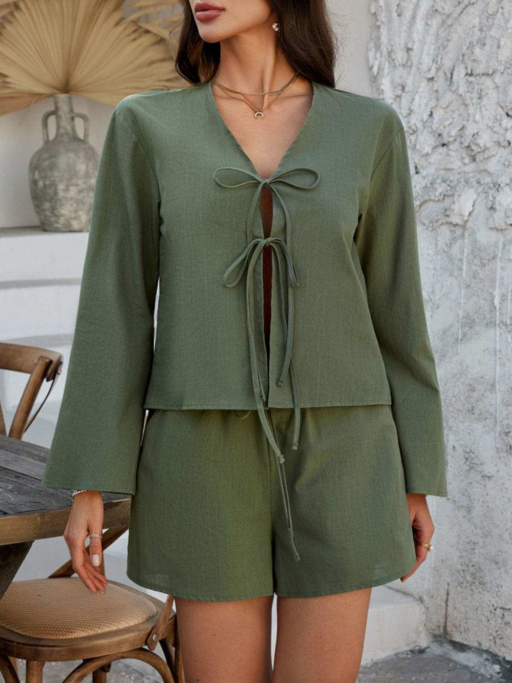 Devine Double Tied V-Neck Top and Shorts Set - Trendsi - Flyclothing LLC