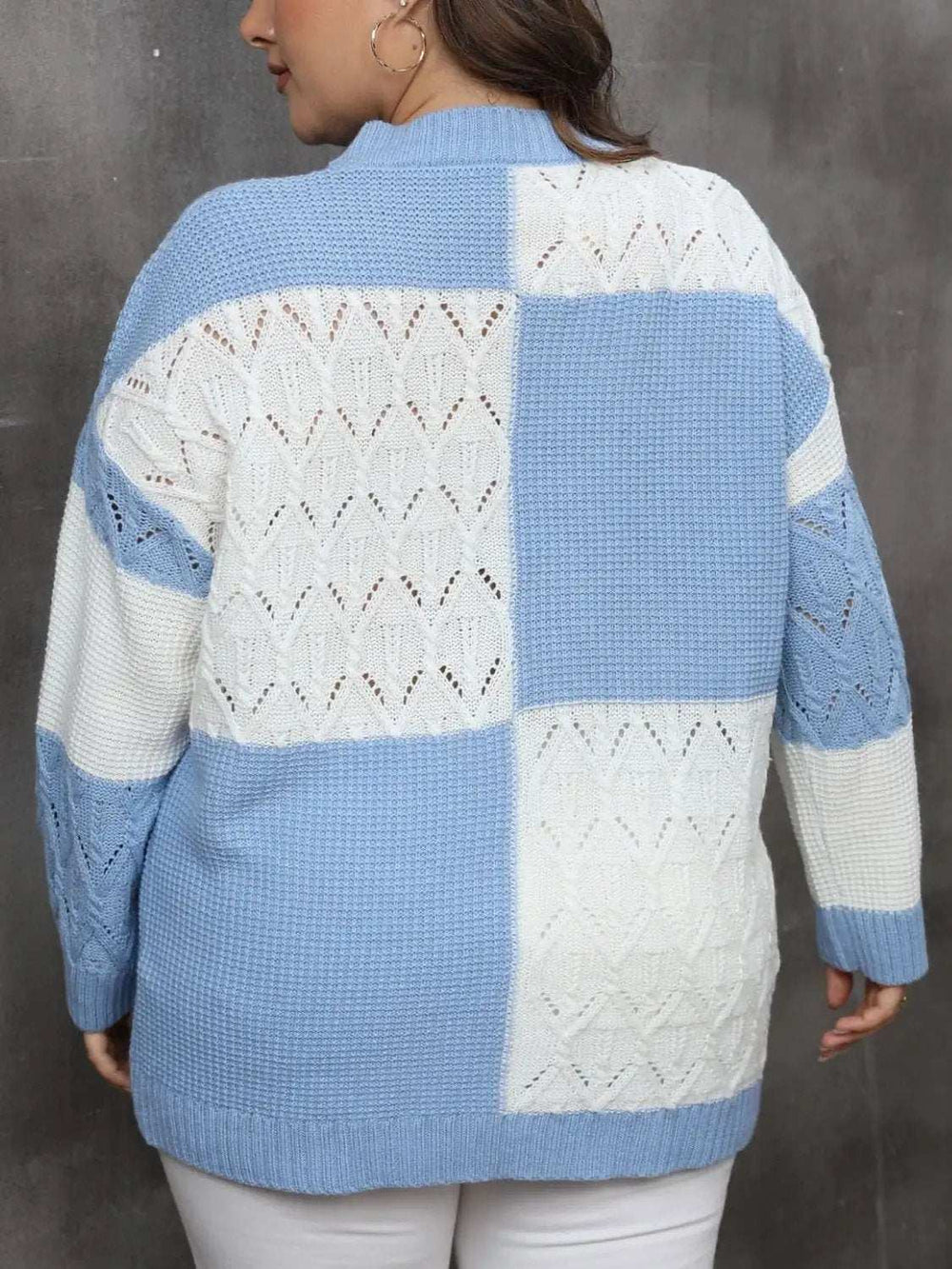 Plus Size Openwork Color Block Long Sleeve Sweater - Trendsi - Flyclothing LLC