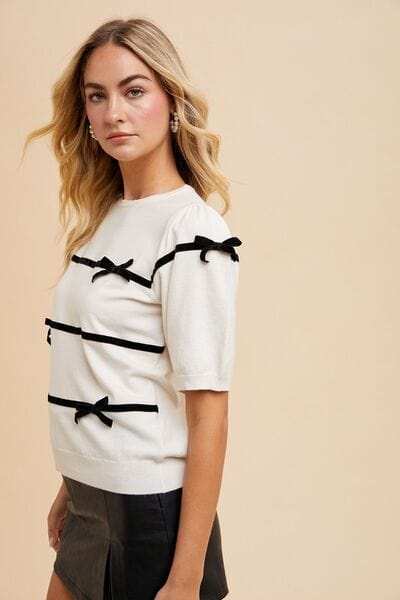 Annie Wear Striped Bow Round Neck Knit Top - Trendsi - Flyclothing LLC
