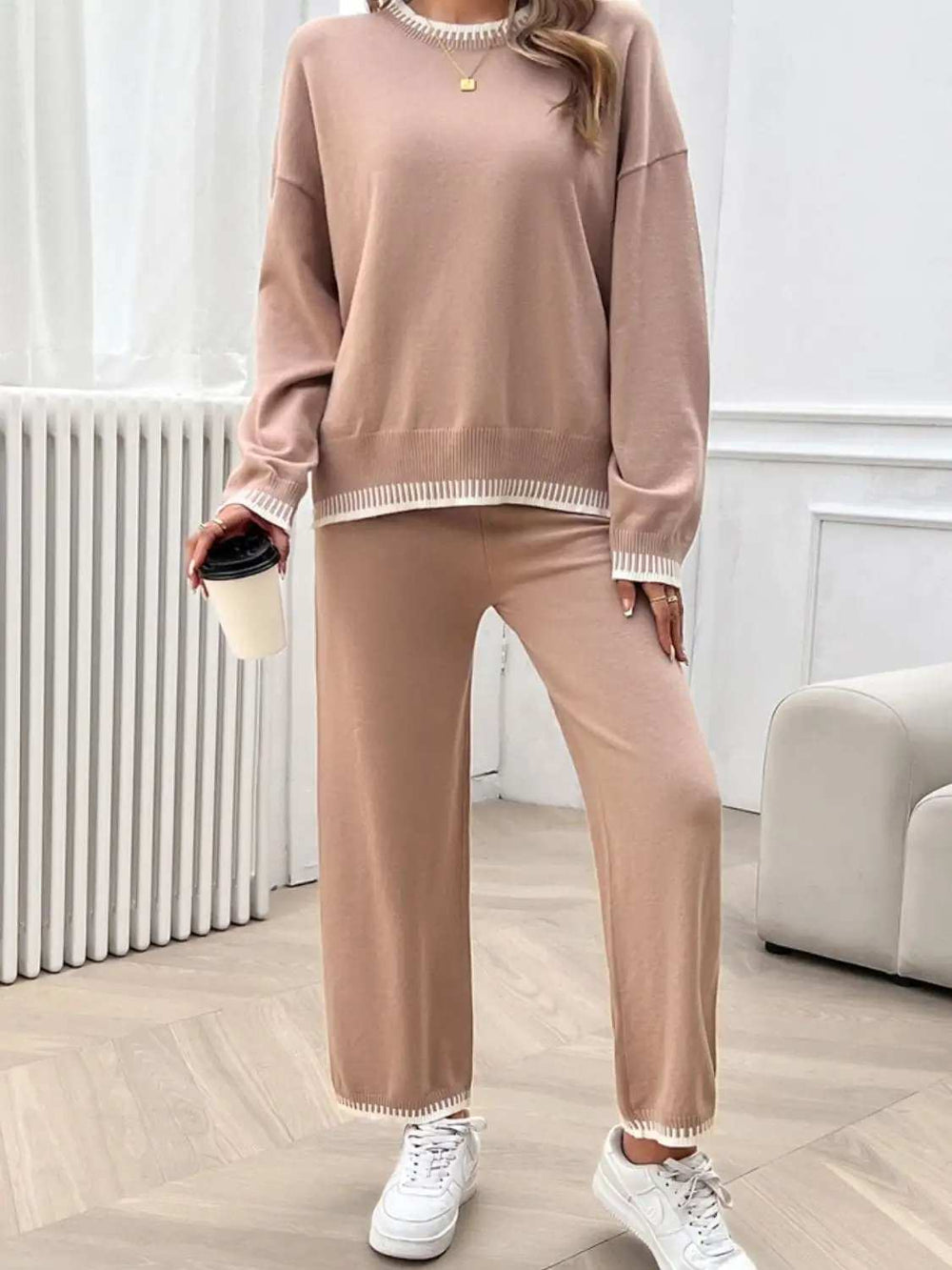 Round Neck Dropped Shoulder Top and Pants Sweater Set - Trendsi - Flyclothing LLC