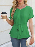 Tied Pleated Round Neck Short Sleeve Top - Trendsi - Flyclothing LLC