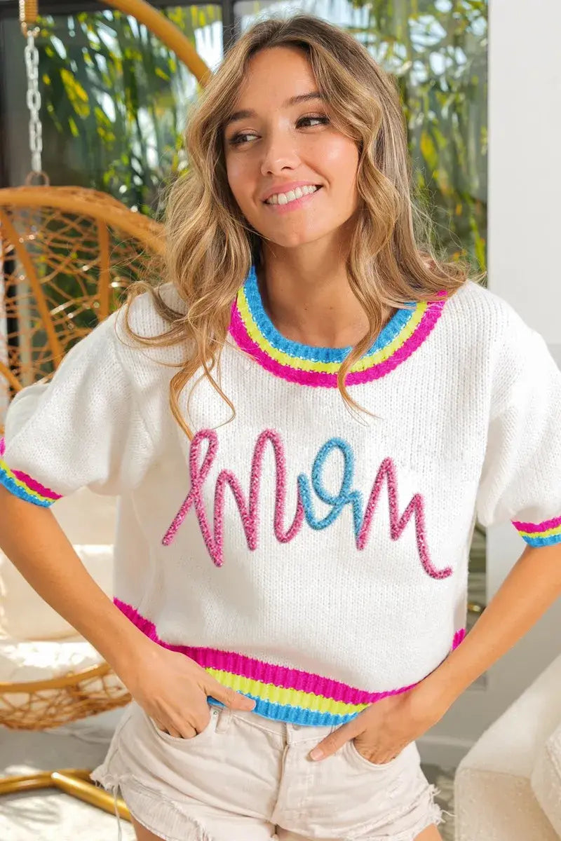 BiBi Metallic Letter Short Puff Sleeve Sweater - Trendsi - Flyclothing LLC