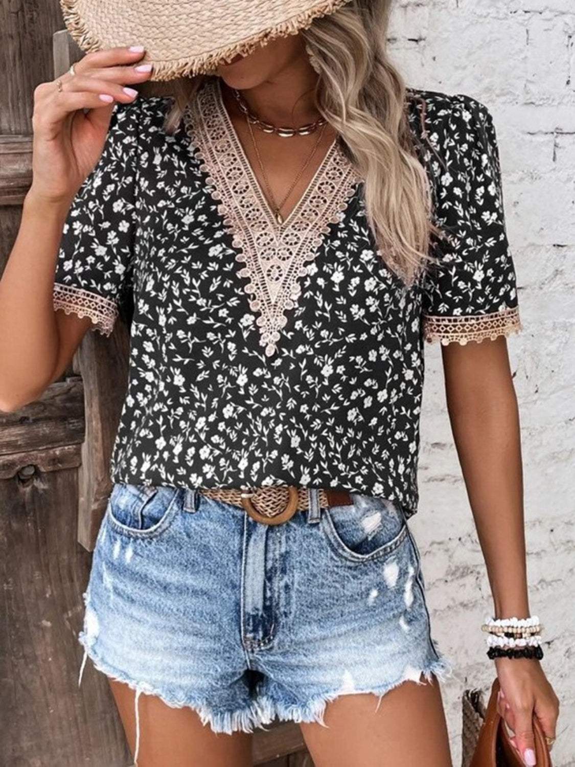 Full Size Printed V-Neck Short Sleeve Blouse - Trendsi - Flyclothing LLC